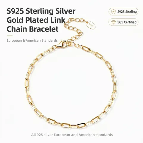 S925 Sterling Silver Paperclip Chain Bracelet For Women Minimalist Geometric Link Bracelet Gold Silver Plated Jewelry Gift