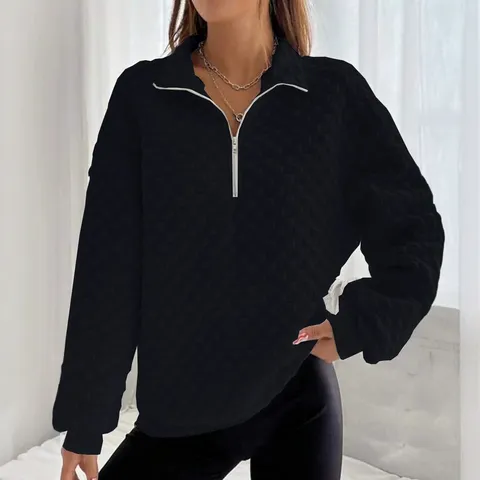 Damen Waffelstrick Sweatshirt Halber Reißverschluss Stehkragen Langarm Locker Oversize Pullover Top Herbst Winter Casual Mode