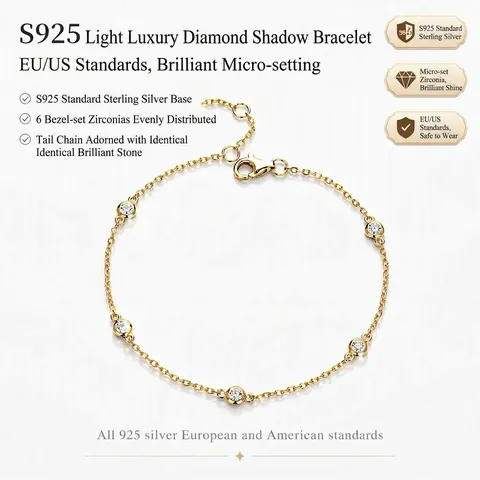 925 Sterling Silver Bracelet For Women Minimalist Station Chain Gold Plated Bezel Set Zircon Adjustable Jewelry Gift
