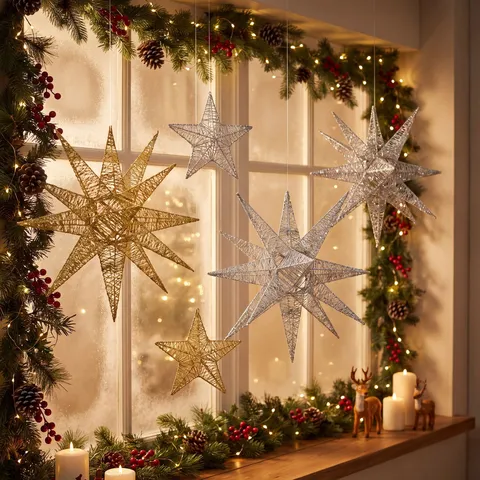 Christmas Iron Art Explosive Star 14 Point Star Hanging Decoration For Bar Mall Ceiling Decor Gold Silver Festive Ornament