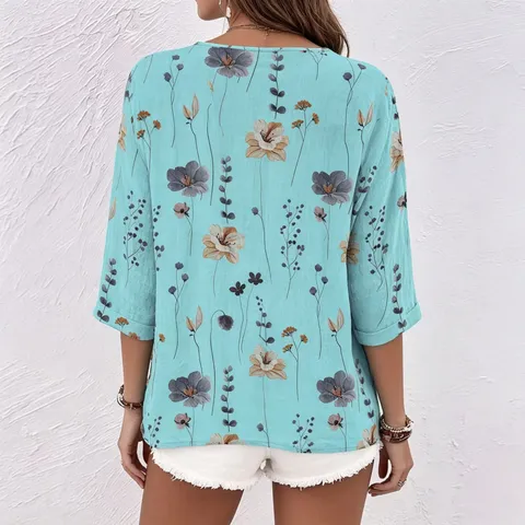 Dames Casual Bloemenprint V-Hals Knopen Chiffon Blouse Lange Mouw Ruime Pasvorm Elegant Woon-werkverkeer Shirt Top