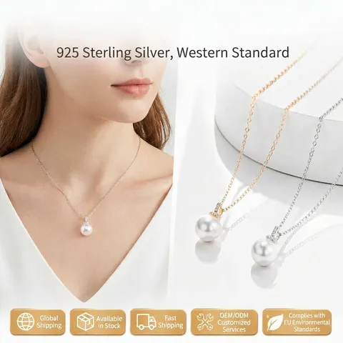 925 Sterling Silver Artificial Pearl Pendant Necklace Geometric Zirconia Accented Chain For Women Vintage Jewelry Gift
