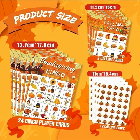 Cartas de Juego Bingo Acción de Gracias para Niños Fiesta Dibujos Animados Pavo Otoño Cosecha Tema Papel Actividad
