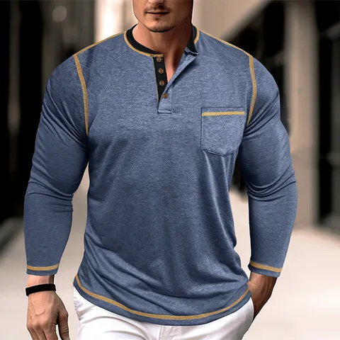 Men Casual Henley T-Shirt Long Sleeve Contrast Stitching Chest Pocket Button Top Solid Color Quick Dry Breathable Fashion Top
