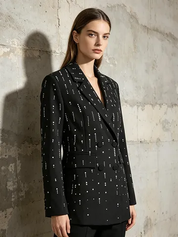 Women European Design Artificial Pearl Embellished Blazer Loose Casual Lapel Double Breasted High End Suit Jacket Fashion Long Sleeve Outerwear Top