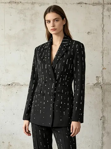 Women European Design Artificial Pearl Embellished Blazer Loose Casual Lapel Double Breasted High End Suit Jacket Fashion Long Sleeve Outerwear Top