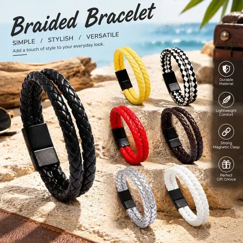 Dubbellaagse Gevlochten Leren Armband Met Legering Magnetische Sluiting Vintage Retro Mode Sieraden Voor Heren