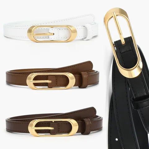 Women Vintage PU Leather Belt With Gold Oval Metal Buckle Minimalist Fashion Decorative Waist Belt For Jeans Daily Wear