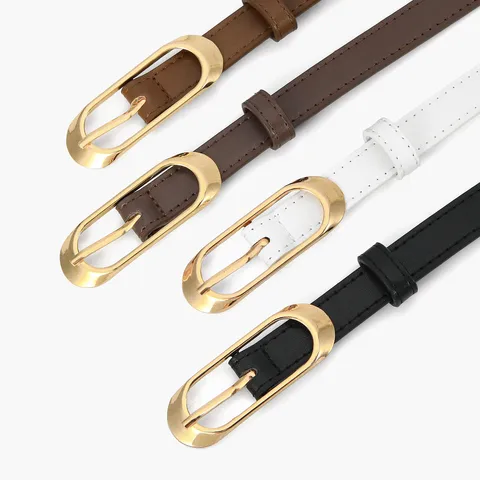 Women Vintage PU Leather Belt With Gold Oval Metal Buckle Minimalist Fashion Decorative Waist Belt For Jeans Daily Wear