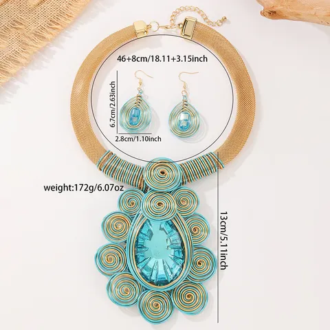 Overdreven Handgemaakte Aluminiumdraad Geweven Kristal Hanger Ketting En Oorbellen Set Mode Sieraden Voor Vrouwen Feest