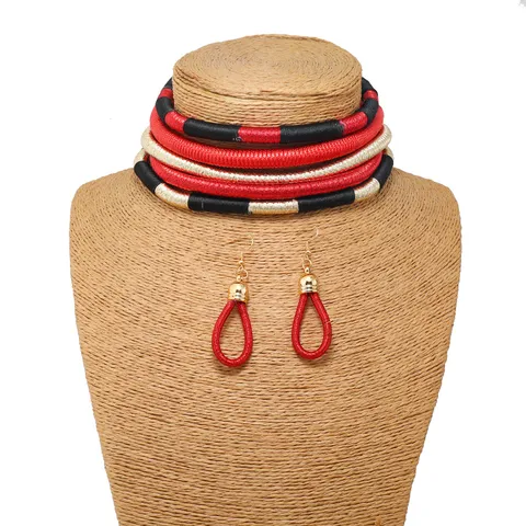 Overdreven Afrikaanse Tribale Geweven Choker Halsketting En Oorbellen Set Legering Katoenen Koord Mode Sieradenset Voor Vrouwen Feest