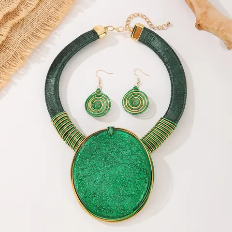 Overdreven Geometrische Ronde Acryl Edelsteen Ketting Oorbel Set Aluminiumdraad Statement Sieraden Voor Vrouwen