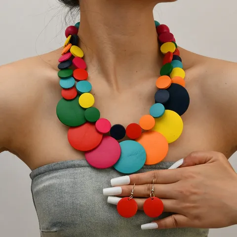 Bohemian Meerdere Laag Houten Schijf Kralen Statement Ketting En Oorhangers Set Etnische Stijl Sieraden Voor Vrouwen