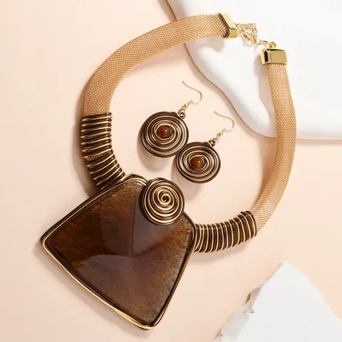 Overdreven Geometrische Hars Edelstein Hanger Halsketting Oorbellen Set Aluminiumdraad Geweven Mode Sieraden Voor Vrouwen Feest
