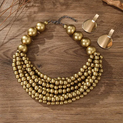 Bohemien Handgemaakte Houten Kraal Meerlaagse Ketting En Geometrische Oorbellen Set Legering Modeschakels Voor Vrouwen