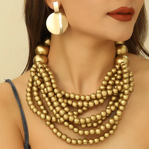 Bohemien Handgemaakte Houten Kraal Meerlaagse Ketting En Geometrische Oorbellen Set Legering Modeschakels Voor Vrouwen