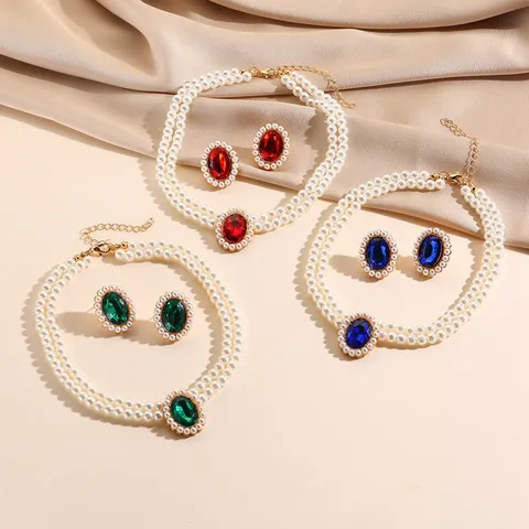 Franse Vintage Elegante Gelaagde Kunstparel Kralen Choker Halsketting En Oorbellen Set Strass Kristal Sieraden Cadeau