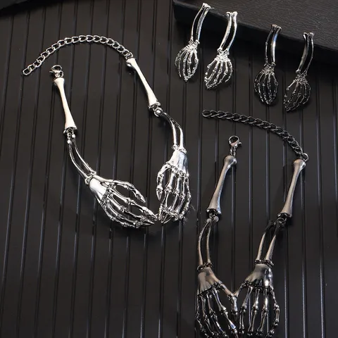 Gotische Punk Metaal Skelet Hand Bot Ketting Oorknopjes Set Halloween Feest Vintage Mode Sieraden Accessoires