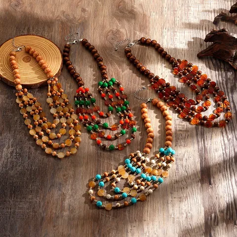 Bohemian Vintage Meerlaagse Houten Kraal Acryl Kralenketting Statement Boho Grove Trui Ketting Sieraden Voor Vrouwen