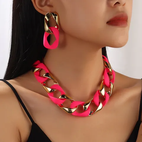 Chique Mode Neon Kleur CCB Twist Ketting en Oorknopjes Set Geometrische Sieraden Cadeau voor Vrouwen