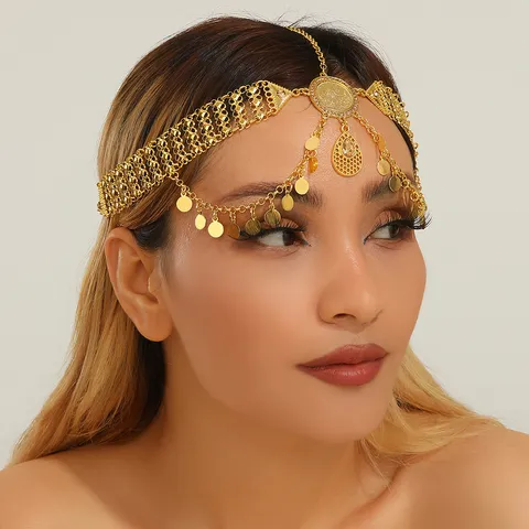 Ethnic Middle Eastern Gold Alloy Rhinestone Coin Tassel Head Chain For Women Indian Style Waterdrop Pendant Bridal Headband Jewelry
