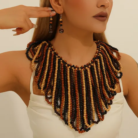 Boheems Vintage Handgemaakt Houten Kralen Meerlaagse Ketting En Oorbellen Set