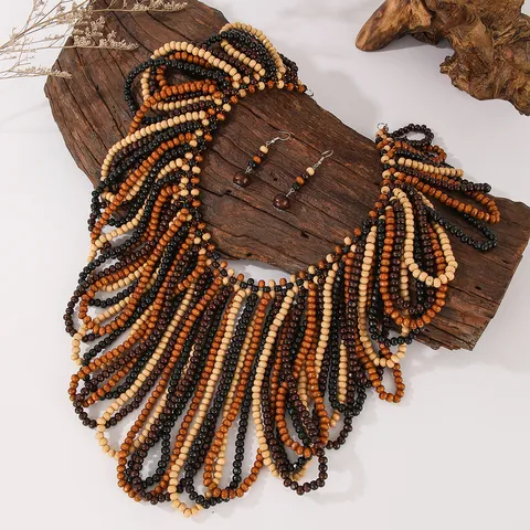 Boheems Vintage Handgemaakt Houten Kralen Meerlaagse Ketting En Oorbellen Set