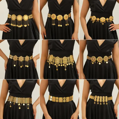 Midden-Oosten Arabische Stijl Goud Legering Hol Gesneden Strass Munt Kwast Tailleketting Dames Jurk Accessoires Mode Lichaamssieraden