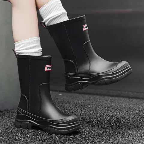 Women Waterproof Rain Boots Mid Calf Solid Color Slip On Rain Shoes Outdoor Rainwear Anti Slip Fashion Boots