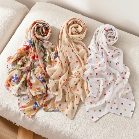 Dames Mode Polyester Chiffon Sjaal Kleurrijke Stippen Bloemen Lange Sjaal Lichtgewicht Ademend