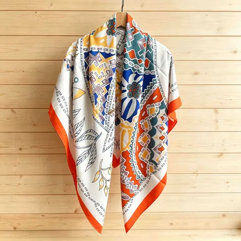 Women Fashion Printed Satin Square Scarf Elegant Geometric Silk Feel Beach Sun Protection Shawl Head Wrap Scarf