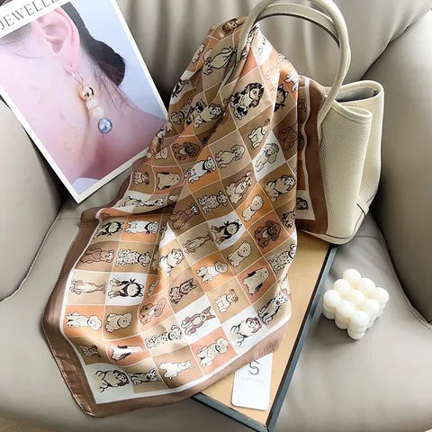 Women's Fashion Small Square Scarf Featuring Cute Cartoon Dog Print Made Of Pearl Cotton With Smooth Texture