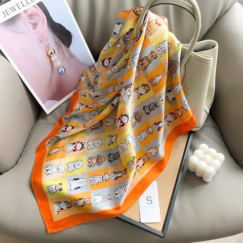 Women's Fashion Small Square Scarf Featuring Cute Cartoon Dog Print Made Of Pearl Cotton With Smooth Texture