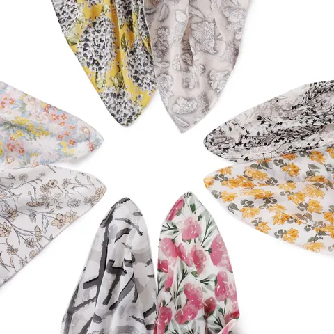 Women Fashion Printed Pearl Chiffon Square Scarf Elegant Floral Neckerchief Head Scarf For Daily Wear