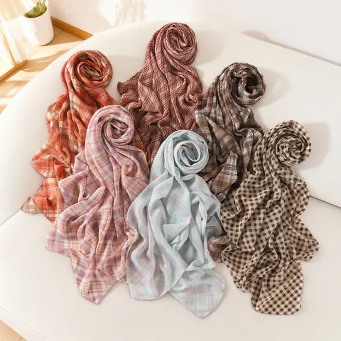 Women Fashion Chiffon Long Scarf Vintage Check Print Lightweight Shawl Versatile Beach Sun Protection Scarf
