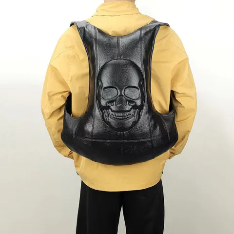 Unisex Gothic Punk Motorcycle Skull PU Leather Backpack Large Capacity Travel Daypack Waterproof Outdoor Bag