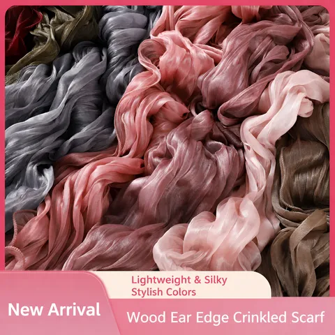 Solid Color Pleated Ruffle Edge Long Scarf Lightweight Breathable Elegant Casual Shawl Headwrap For Women