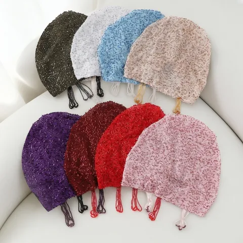 Women Fashion Mesh Beaded Tassel Elastic Beanie Hat Lightweight Rhinestone Decor Stylish Daily Headwear Cap