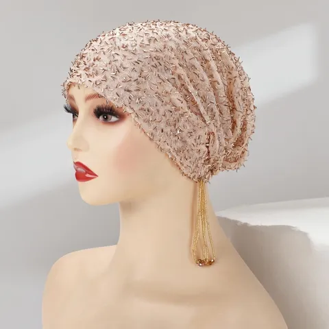 Women Fashion Mesh Beaded Tassel Elastic Beanie Hat Lightweight Rhinestone Decor Stylish Daily Headwear Cap
