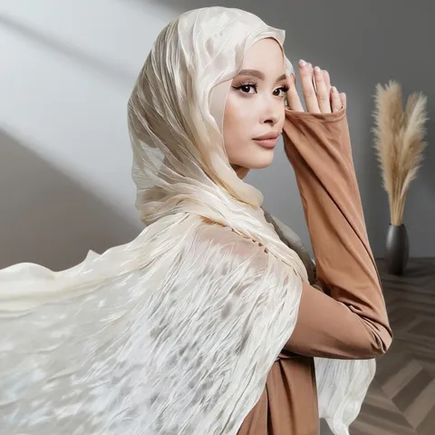 Minimalist Lightweight Solid Color Crinkle Chiffon Scarf Lettuce Edge Long Hijab Wrap For Women Beach Shawl