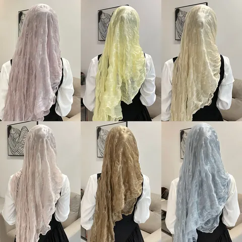 Light Luxury Fashion Solid Color Pleated Scarf Soft Brim Turban Women Scarf Wrap Breathable Polyester Fabric Headscarf