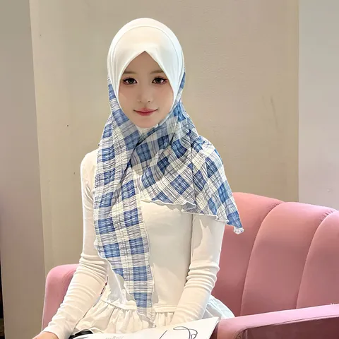 Sweet College Style Plaid Mesh Pleated Triangle Scarf Headscarf Polyester Lightweight Breathable Women Head Wrap