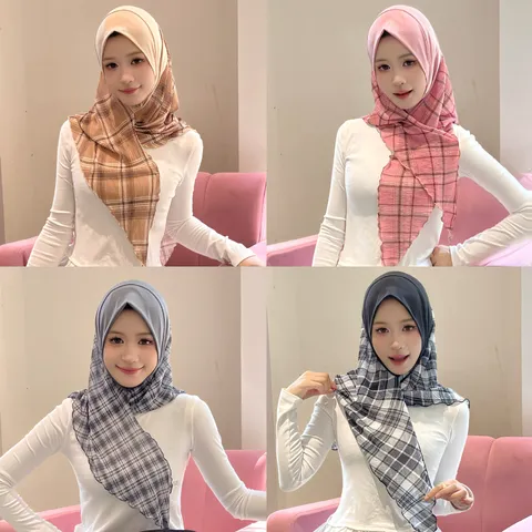 Sweet College Style Plaid Mesh Pleated Triangle Scarf Headscarf Polyester Lightweight Breathable Women Head Wrap
