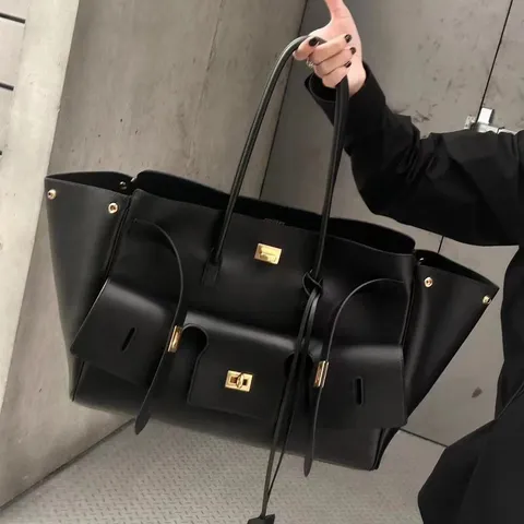 Women Large Capacity Genuine Leather Tote Bag Multi Pocket Commuter Handbag Casual Daily Shoulder Bag