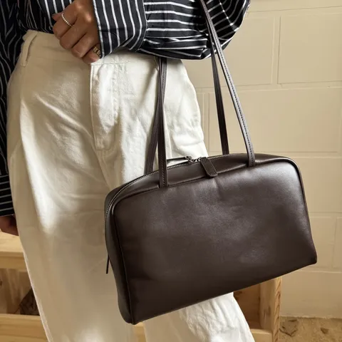 Minimalist Genuine Leather Bowling Bag For Women Large Capacity Solid Color Boston Bag Stylish Shoulder Underarm Bag Commuter Handbag