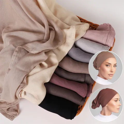 Women Solid Color Rayon Scarf And Elastic Modal Cap Set Wide Big Size Long Shawl With Matching Inner Cap Headwear