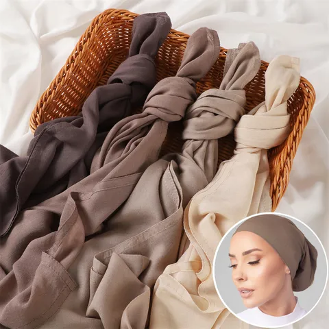 Women Solid Color Rayon Scarf And Elastic Modal Cap Set Wide Big Size Long Shawl With Matching Inner Cap Headwear