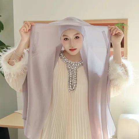 Solid Color Pearl Chiffon Scarf Matching Undercap Magnetic Buckle Three Piece Set Women Elegant Hijab Headwear Fashion Wrap