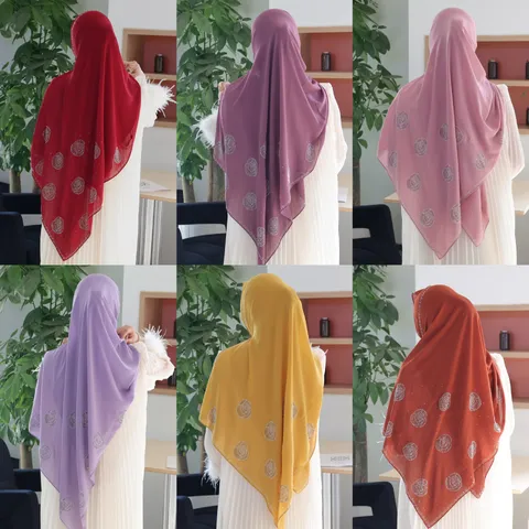 Women Solid Color Chiffon Long Scarf Hot Fix Rhinestone Rose Design Pearl Headscarf Elegant Lightweight Hijab