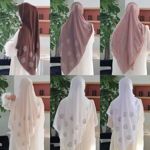 Women Solid Color Chiffon Long Scarf Hot Fix Rhinestone Rose Design Pearl Headscarf Elegant Lightweight Hijab